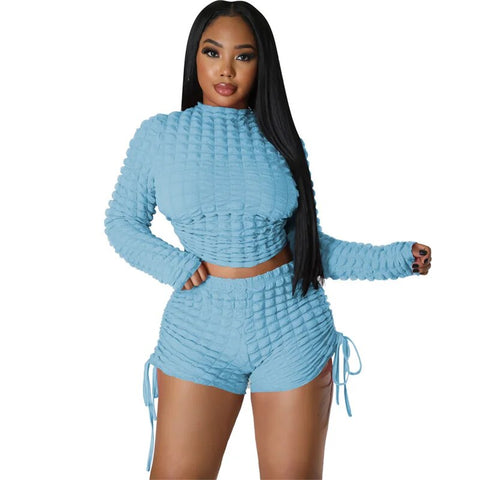 Puffy Popcorn 2 Piece Sets Women Outfits Lace Up Backless Long Sleeve short set