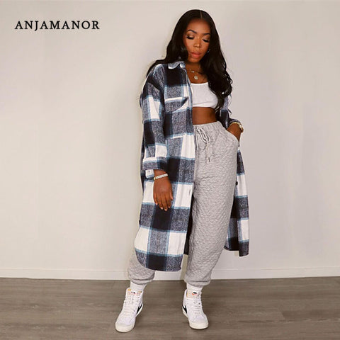 Checkered Coat Women Autumn Winter Single Breasted Long Flannel Plaid Jacket